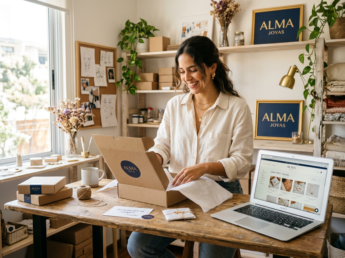 Emprendedora preparando un pedido mientras su tienda online se muestra en la laptop